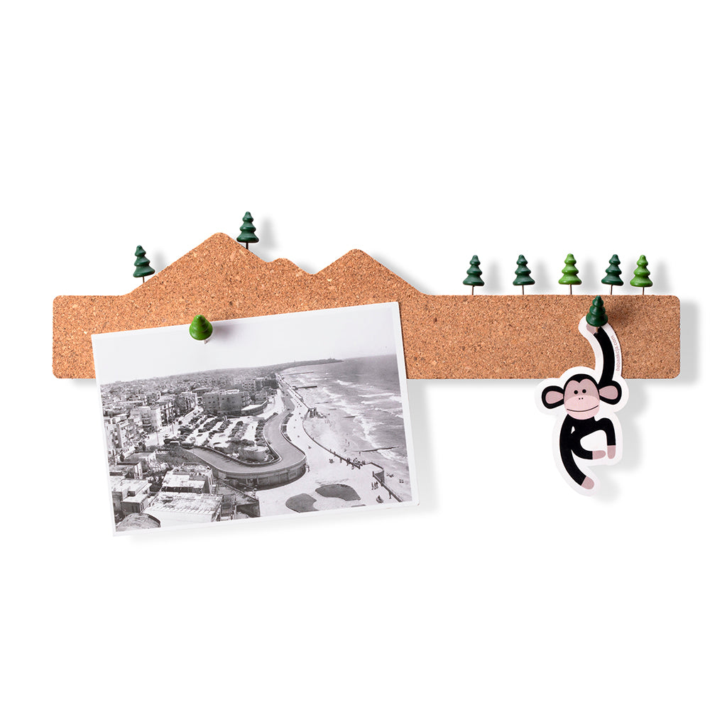 Memo Mountain 3 mini cork board with tree-shaped pins for photos & reminders