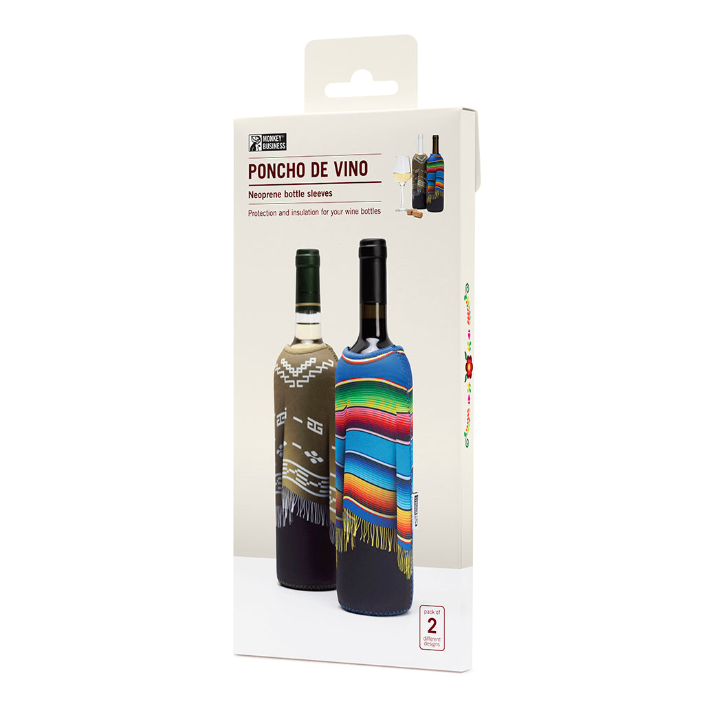 Two neoprene wine bottle sleeves in vibrant poncho designs, designed to keep wine chilled and add fun to any table. - in a gift box great