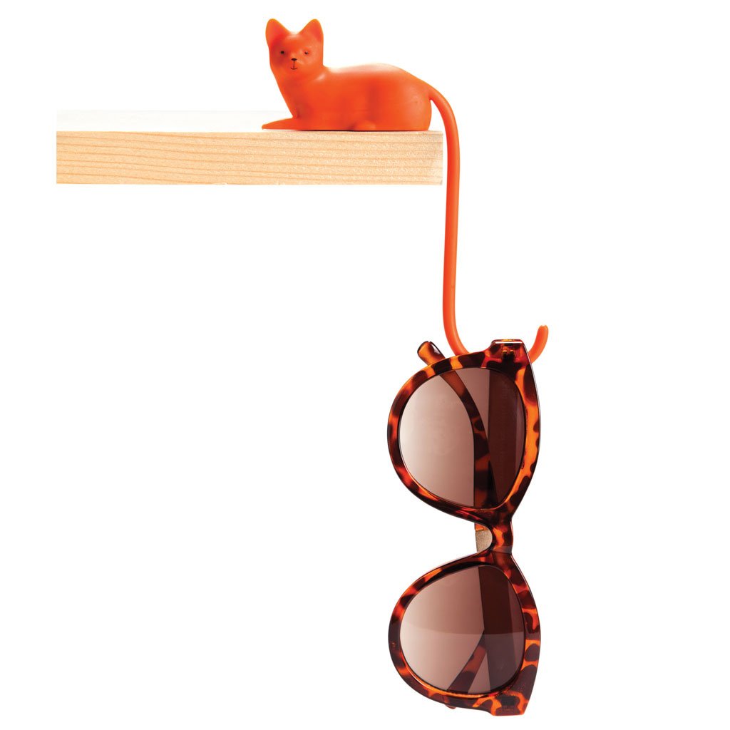 Orange Ginger screen hook with 3M adhesive Tail-shaped hook hanging from a shelf with a headphone wire by Monkey Business