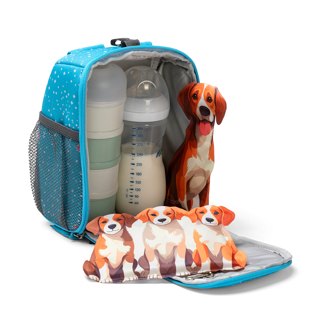 Reusable puppy ice packs for keeping baby bottles, breast milk, and snacks cool while traveling.