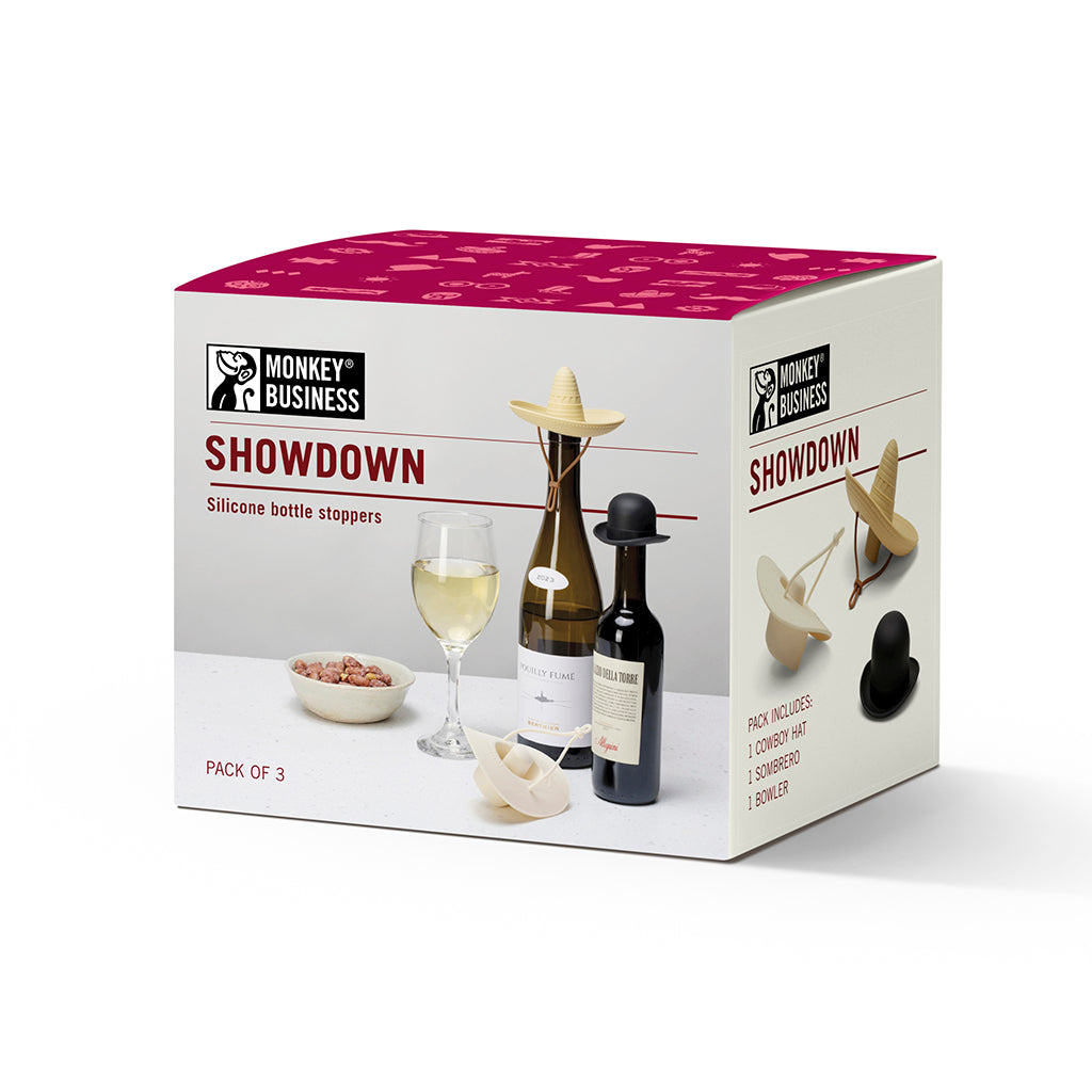 Showdown wine bottle stopper gift set in premium gift box packaging.