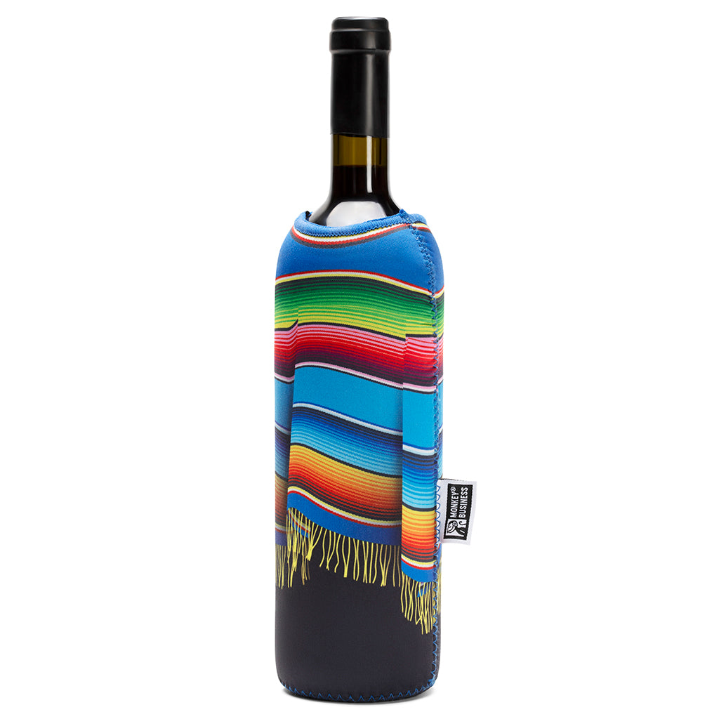 Two neoprene wine bottle sleeves in vibrant poncho designs, designed to keep wine chilled and add fun to any table.